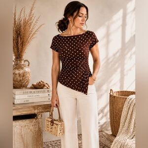 NWOT 🤎 Chocolate 🍫 Brown Micro White Polka Dot Boatneck fitted asymmetrical top